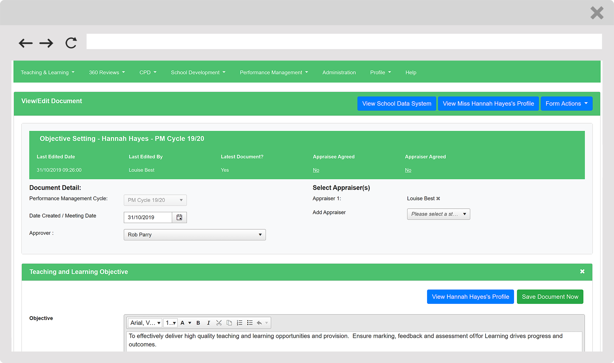 Screenshot of the lessons learned school management system