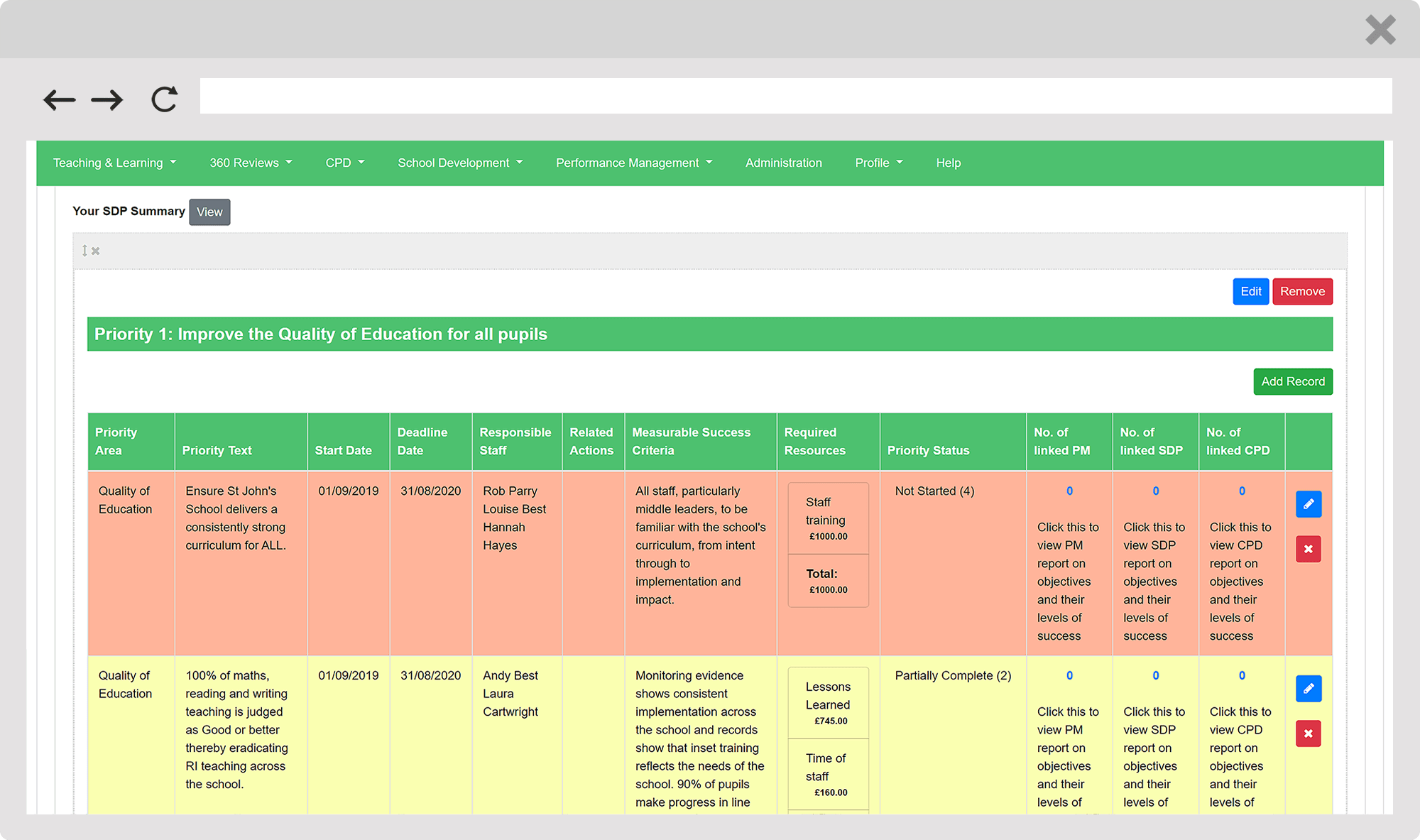 Lessons Learned system screenshot for the school development module 3